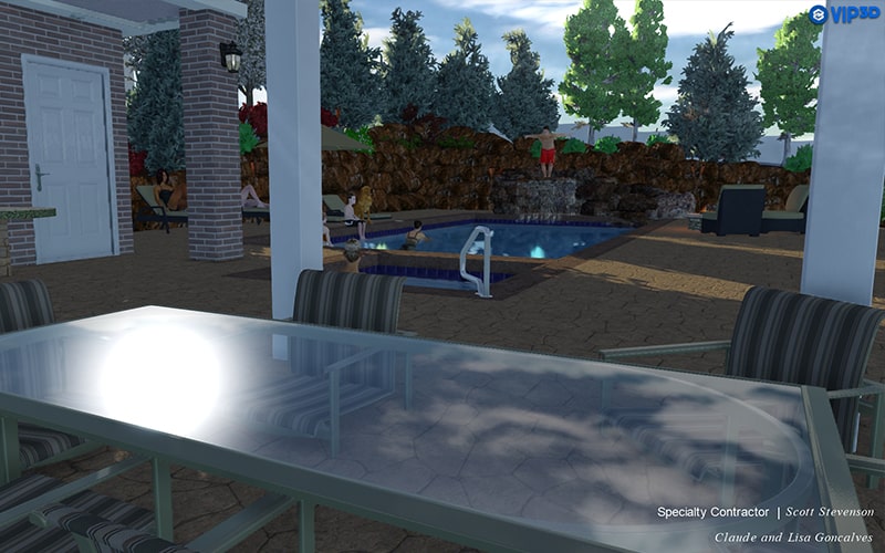 3d design rendering of backyard landscape idea with pool